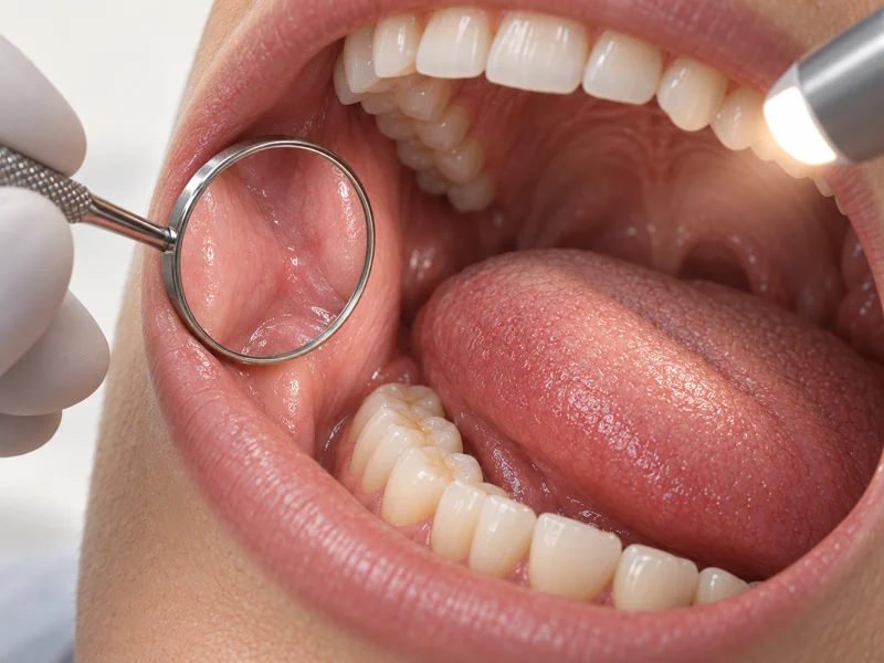Dental mirror and examination light screening the inner cheek and tongue