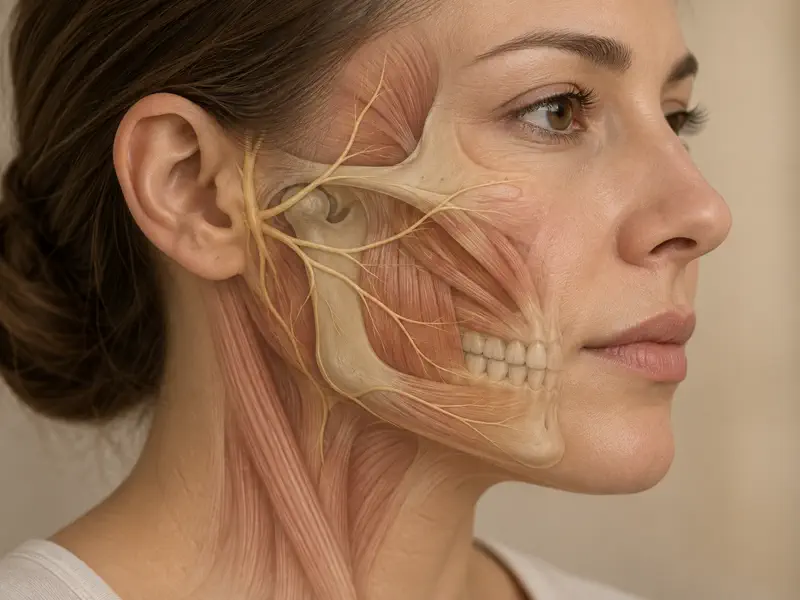 Facial nerves and jaw anatomy shown in a calm profile view
