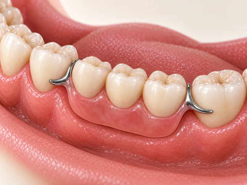 Removable partial denture replacing several teeth beside natural teeth