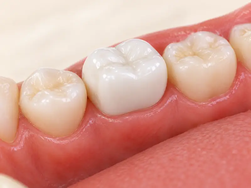White zirconia crown fitted over a child’s primary tooth