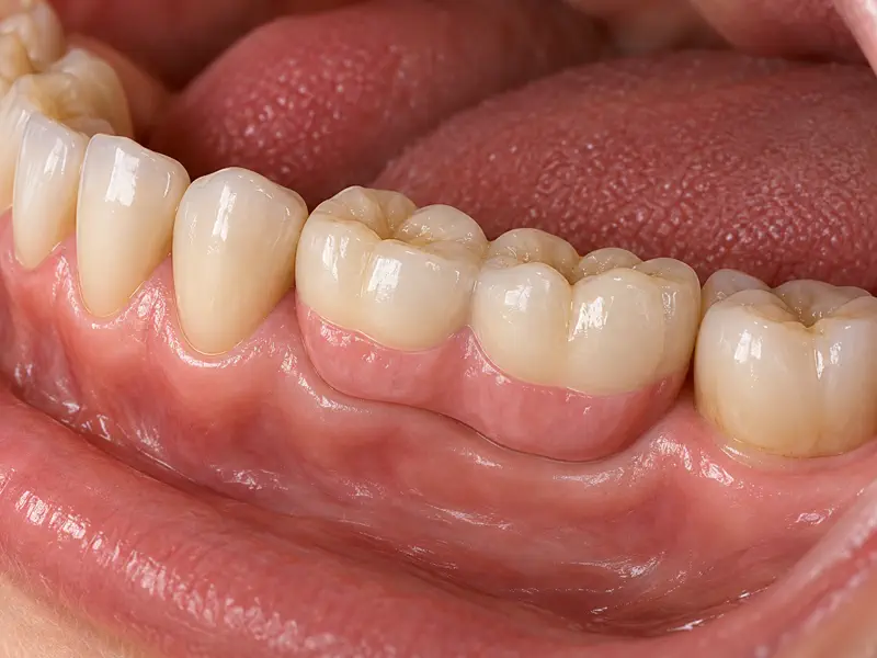 Bridge and pink gingival prosthesis restoring a healed posterior ridge