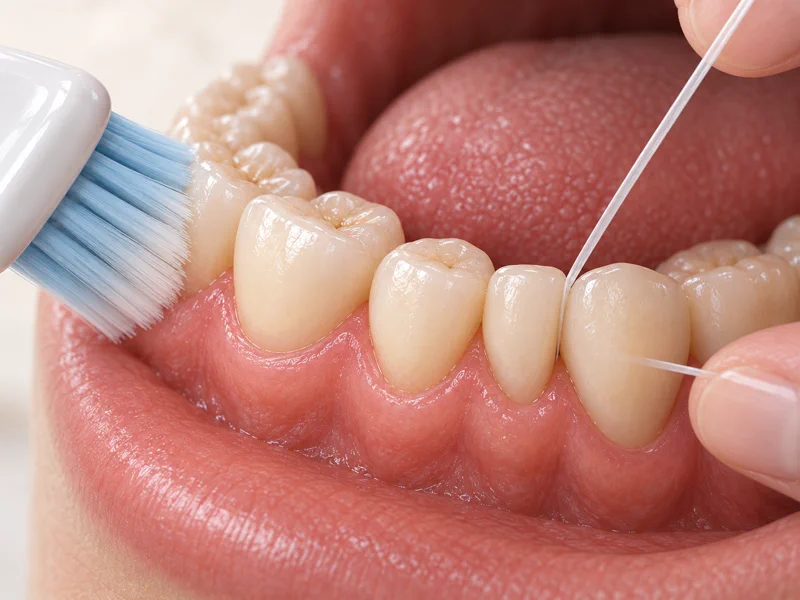 Toothbrush and dental floss cleaning healthy teeth and gums