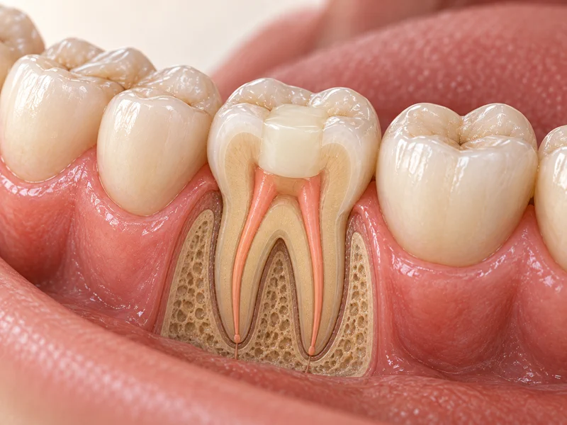 3D cutaway of a molar with cleaned and filled root canals