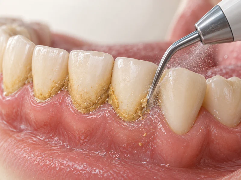 Ultrasonic scaling removing tartar from lower front teeth