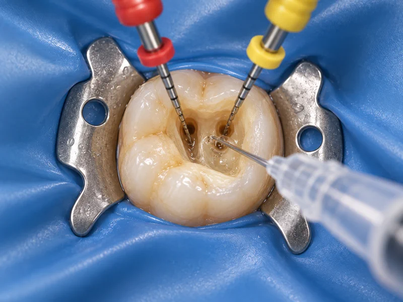Molar isolated with a rubber dam during root canal treatment