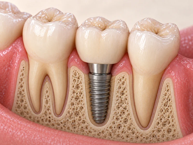 3D cutaway of a single dental implant replacing one missing tooth