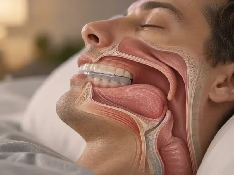 Sleeping profile cutaway showing a slim dental night guard and open airway