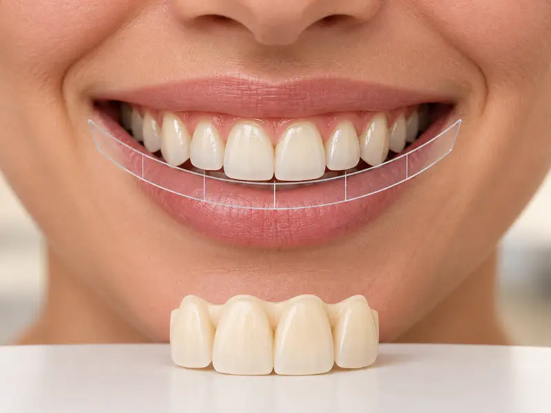 Smile-planning guide and diagnostic wax-up shown beneath a natural smile