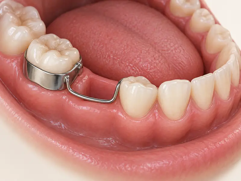 Band-and-loop space maintainer holding a gap between a child’s teeth