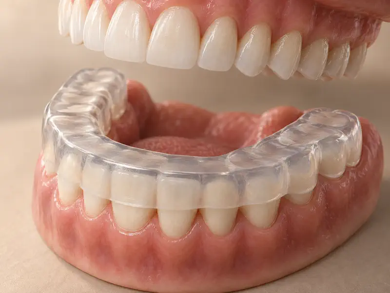 Occlusal stabilization splint fitted over lower teeth for TMJ therapy