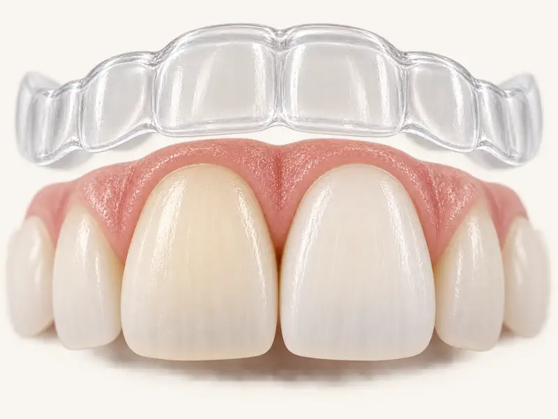 Whitening tray shown above natural teeth with a subtle enamel shade change