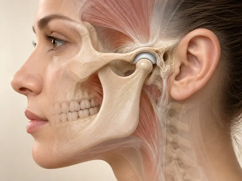 Side anatomical view of the temporomandibular joint and articular disc