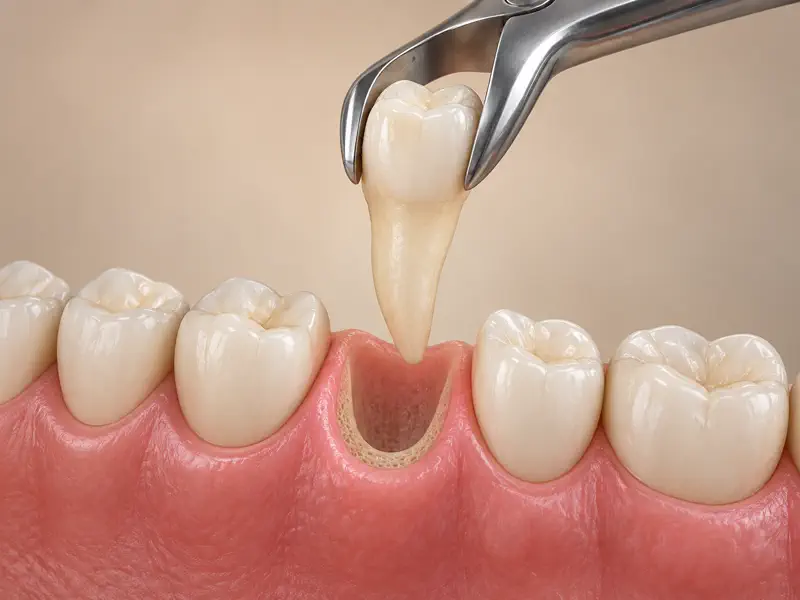 Upper premolar held above a clean socket during a tooth extraction