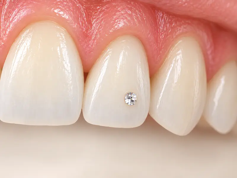 Small crystal tooth jewel bonded to the front of a healthy tooth