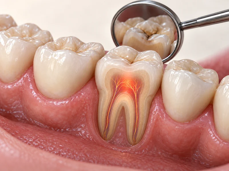 3D illustration showing the nerve area inside a painful molar