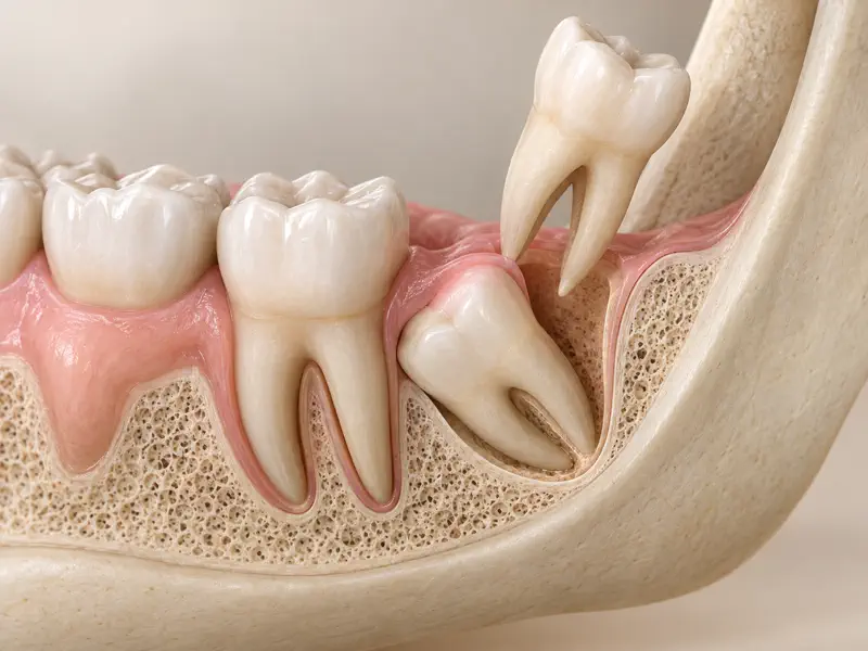 Impacted lower wisdom tooth gently lifted from the back of the jaw
