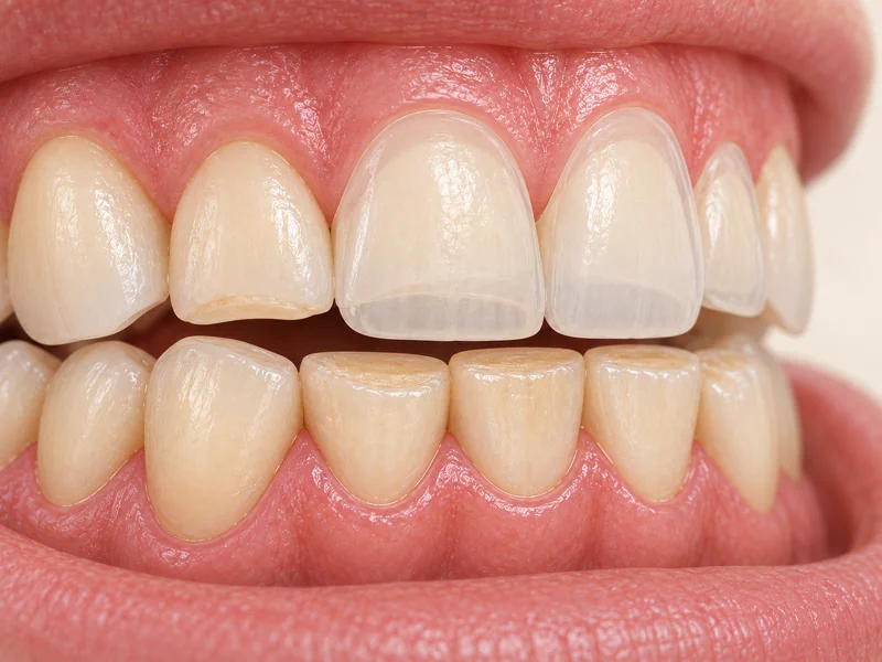 Transparent restorative overlays showing planned reconstruction of worn front teeth