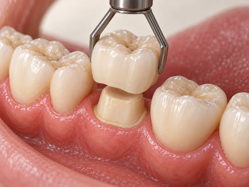 Zirconia crown being placed over a prepared back tooth